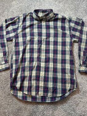Eddie Bauer Shirt Mens M Multicolor Plaid Long Sleeve Pocket Marin Poplin Button